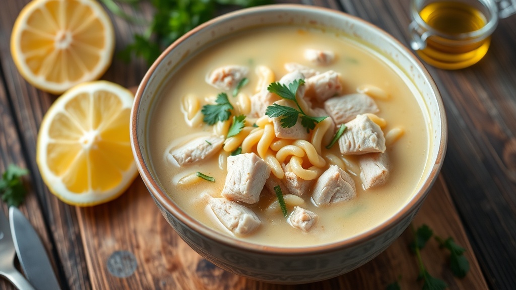 Classic Avgolemono Soup Recipe A comforting bowl of Avgolemono soup with chicken, orzo, garnished with parsley, and a lemon slice on a wooden table.